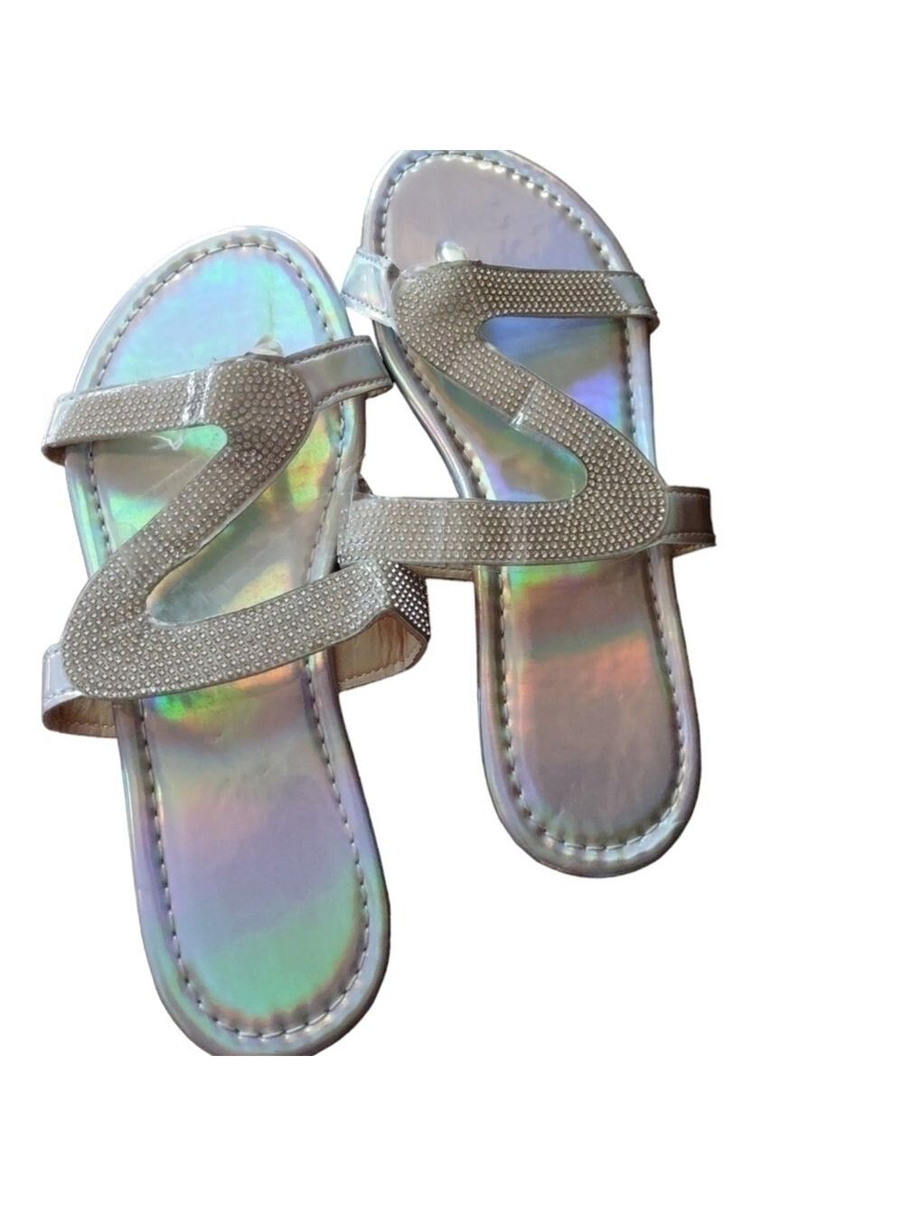 Silver Rhinestone Z Shaped Sandals Womens Size 38 - Picture 2 of 3